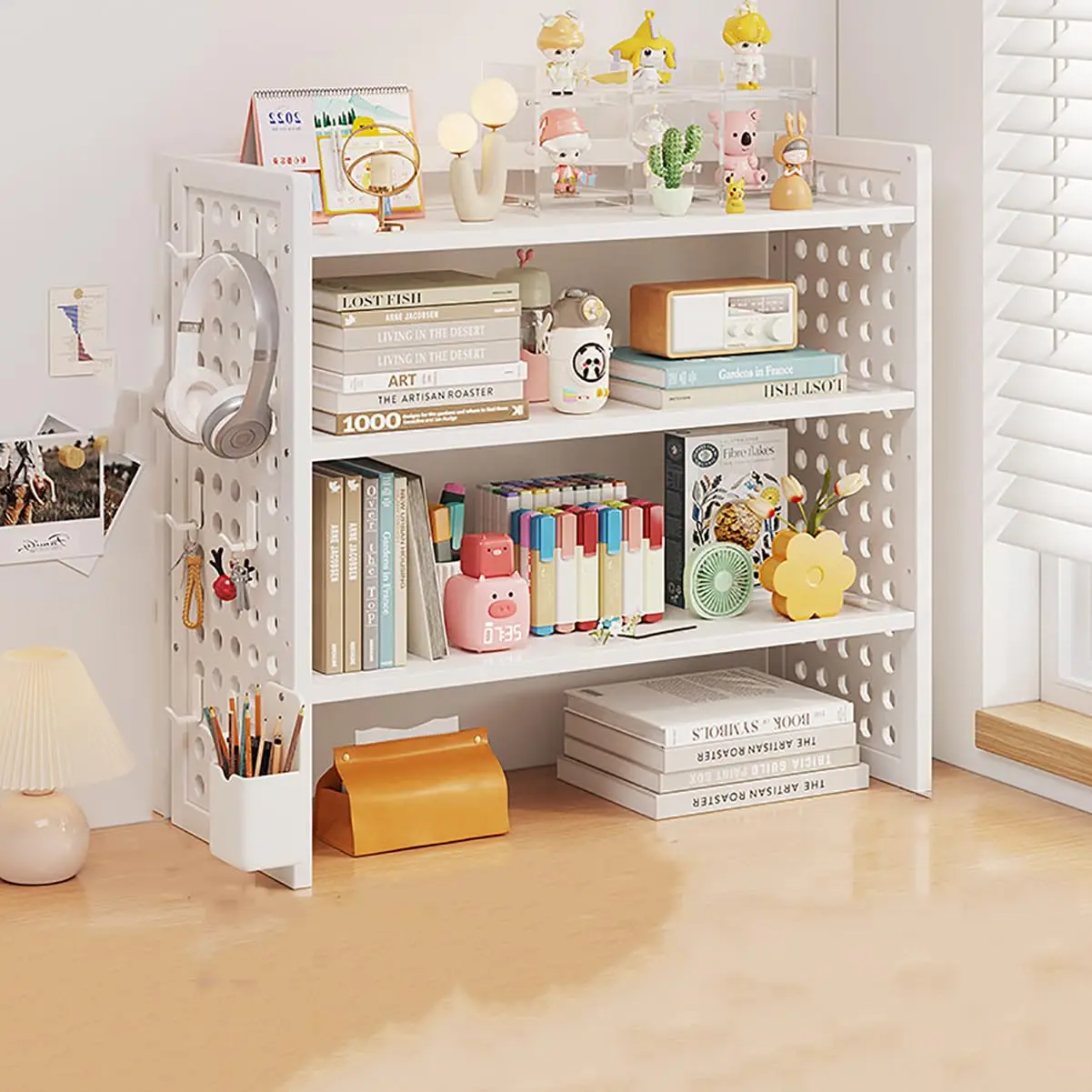 Wooden Desktop Bookshelf, Vertical Adjustable Table Top Desk Shelves Multi-Functional Organizer Shlef for Home Office, White