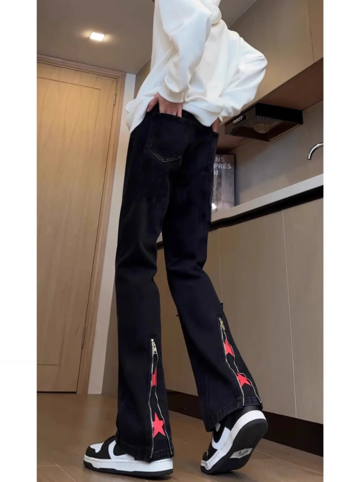 

Мужские джинсы Slim Fit на молнии, американский дизайн, с принтом «звезды», расклешенные, прямые, в стиле High Street, повседневные