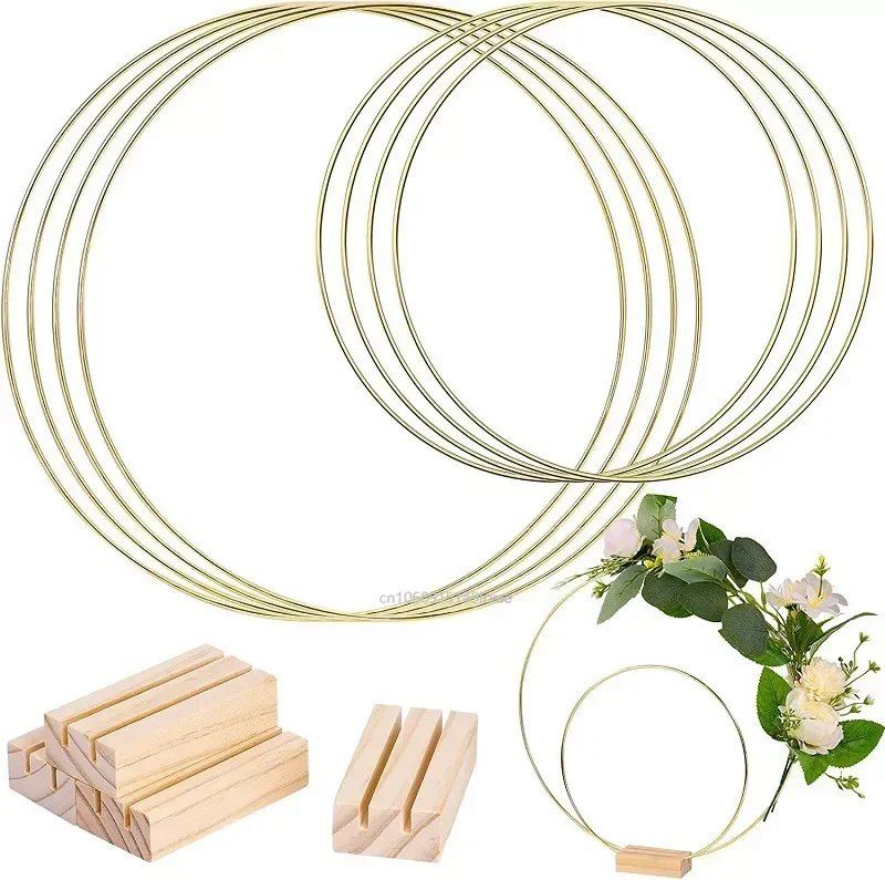 Gold Metal Flowers Hoop with Place Card Holder Wedding Table Centerpiece Decoration Christmas DIY Wreath Garland Decor