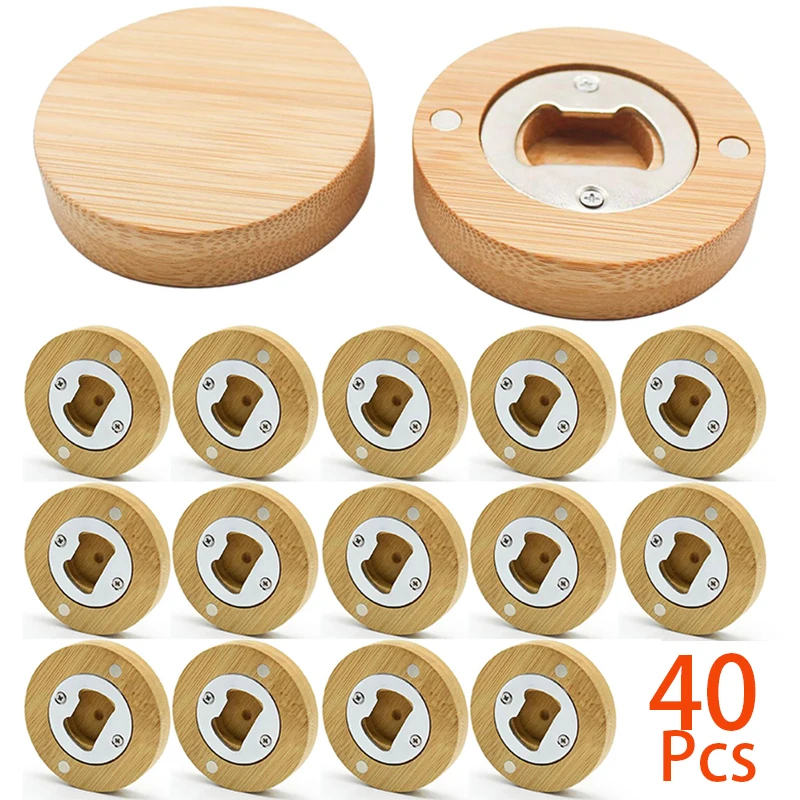 40Pcs Round Bamboo Bottle Openers Refrigerator Fridge Magnet Beer Opener for Home Kitchens Bars Parties