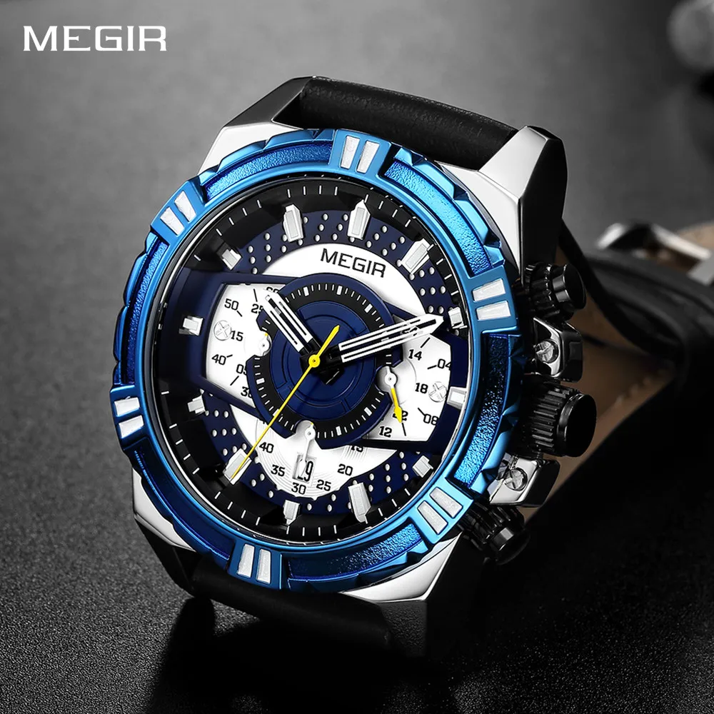 

MEGIR Fashion Watches for Men 47MM Big Dial Waterproof Luminous Wristwatch with Chronograph Sports Quartz Watch Clock +Box