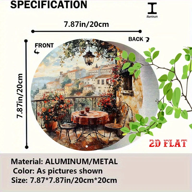 2D Flat - A Classic Round Metal Sign Depicting a Charming Balcony Scene from a European Town, Perfect for Artistic Environments