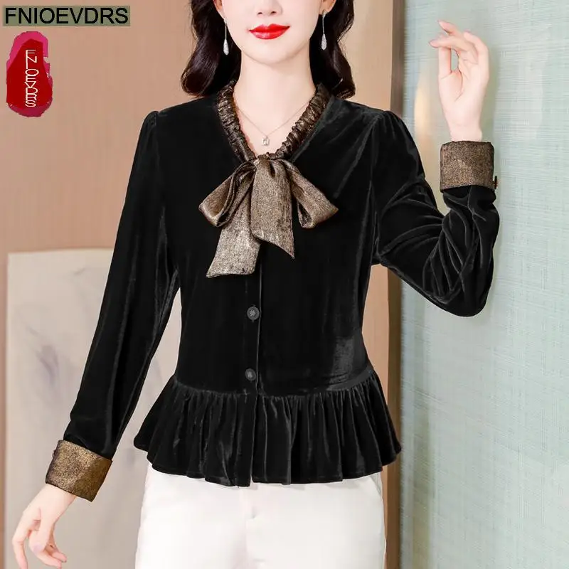 Loose Clothes Women 2024 Autumn Winter Elegant Office Lady Button Shirts Casual Retro Vintage Ruffles Bow Peplum Tops Blouses