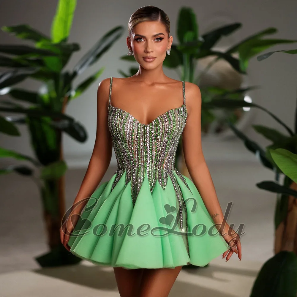 

Comelody Attractive Tulle Mini Homecoming Dresses for Teen Rhinestones Saudi Arabric Spaghetti Straps Pleat Lacing Up Customised