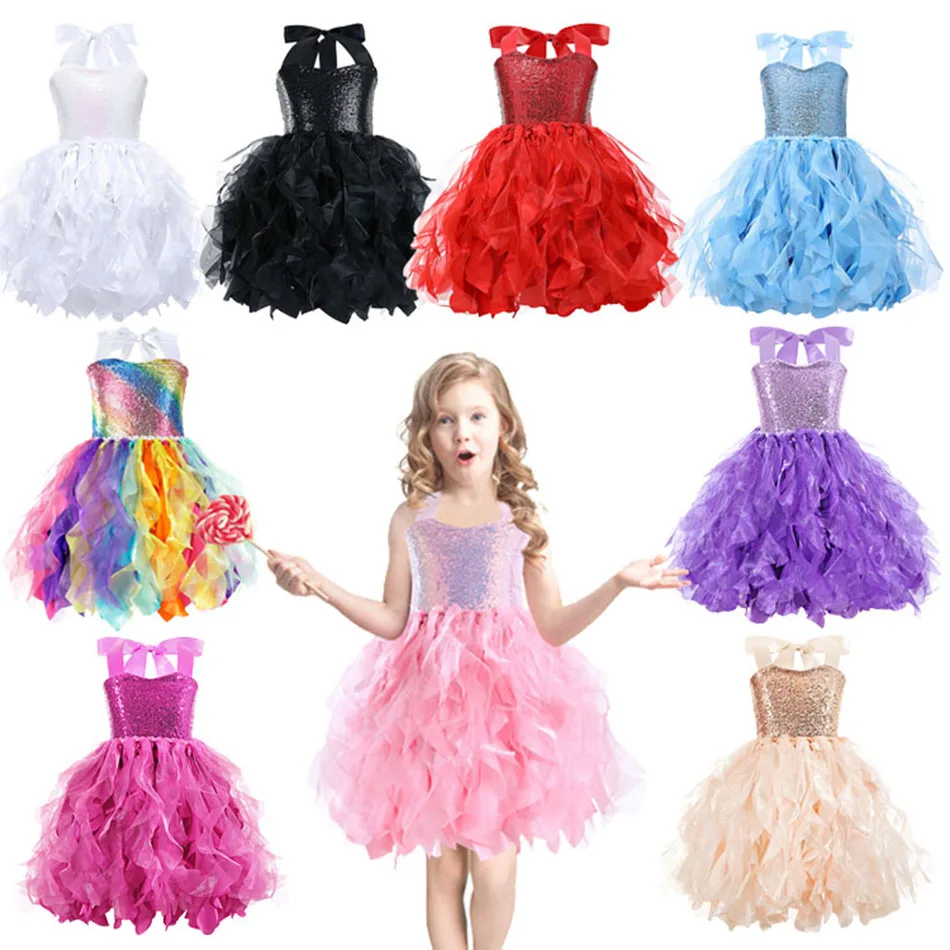 

Princess Girls Sequins Xmas Birthday Party Tutu Dresses Double Layer Spiral Willow Mesh Knee Length Dress Kids Fancy Dresses