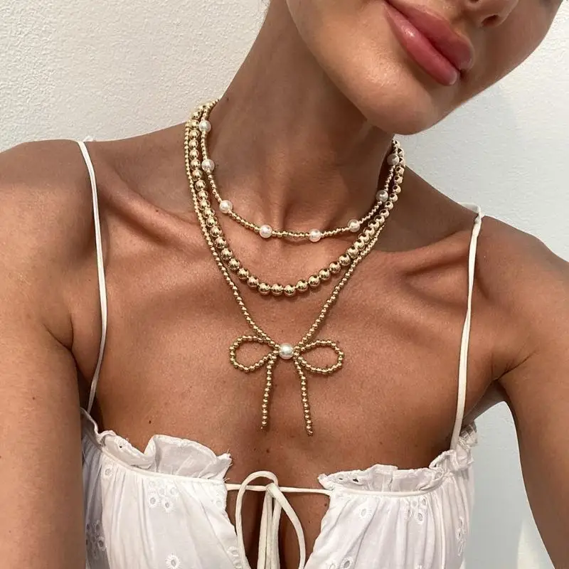 31BF Delightful Necklace with Bowknot Pendant Beaded Chain for Collection Enthusiasts