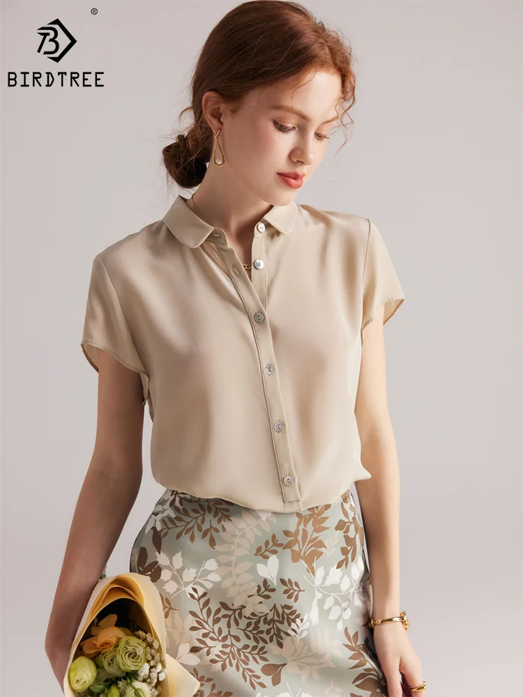 Birdtree 100% Silk Shirts Women Turn Down Collar Solid Tops Short Sleeve OL Workwear Office Blouses Summer T36526JM