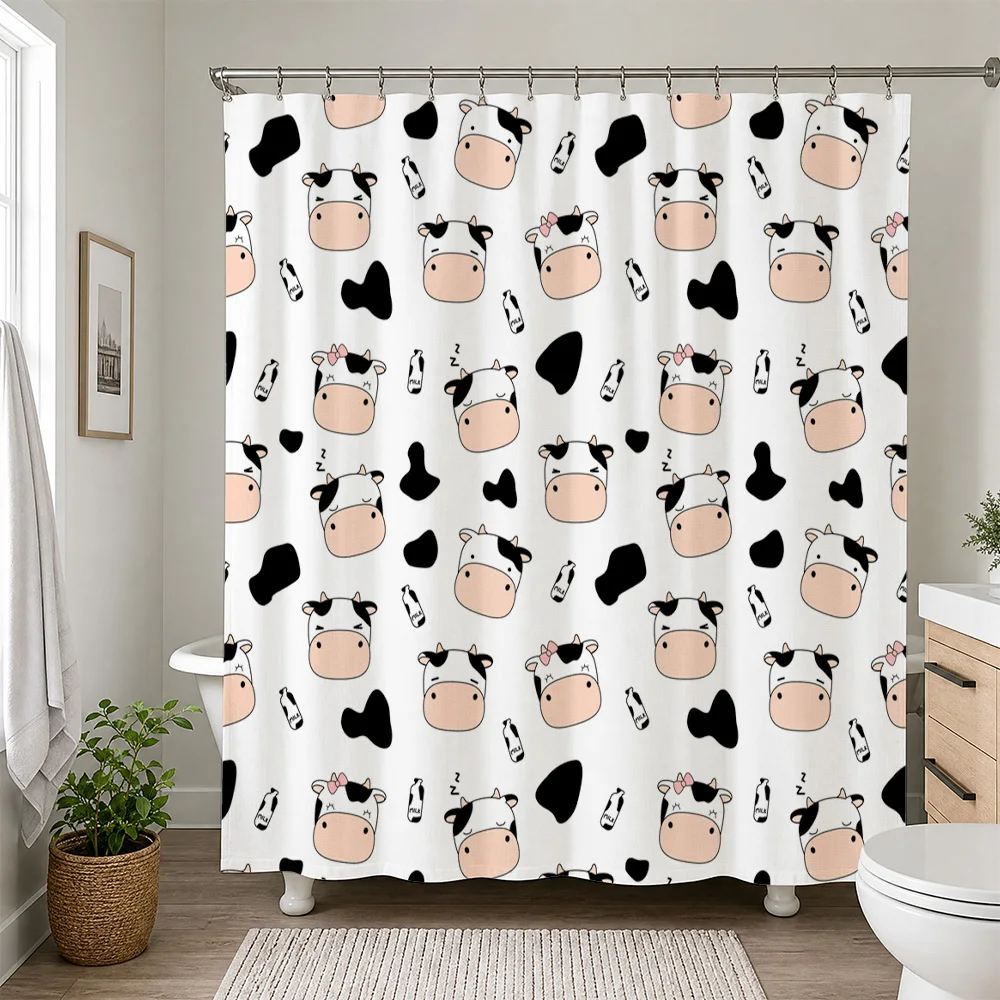 Cute Cartoon Cow Pattern Waterproof Shower Curtain Novelty Bathroom Accessories Kids Shower Liner Fun Home Decor Master Bath Wat