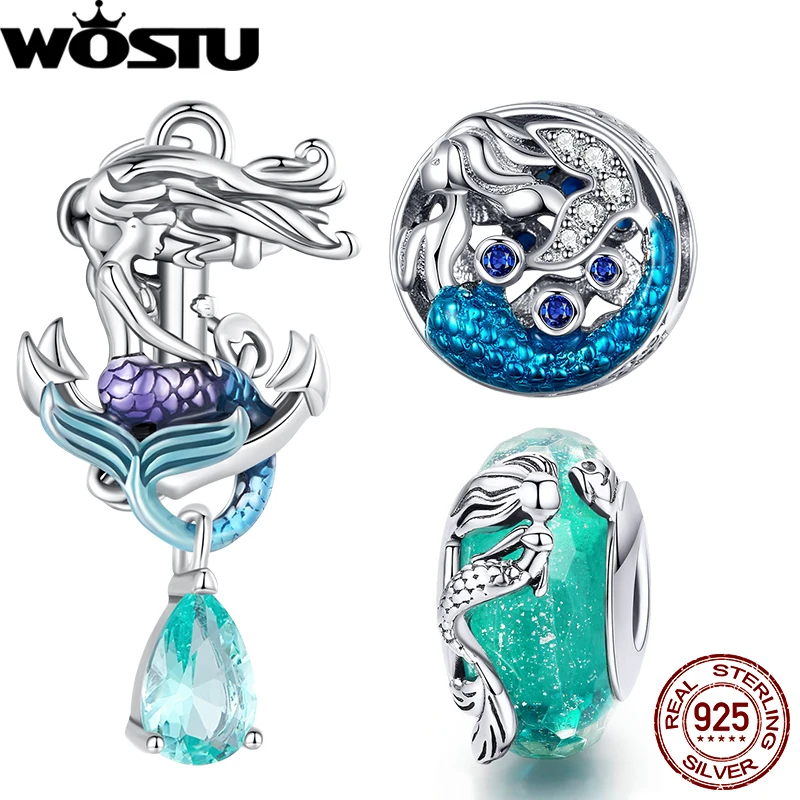 

WOSTU 925 Sterling Silver Mermaid Anchor Charm Crystal Blue Ocean Beads Enamel Pendant Fit Original Bracelet Women DIY Gift