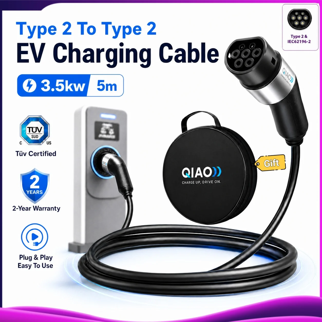16A 3.5kW 1phase Type2 to Type2 EV Charging Cable IEC 62196-2 Electric Car Charger Station For EVSE Electric Vehicles Car Cable