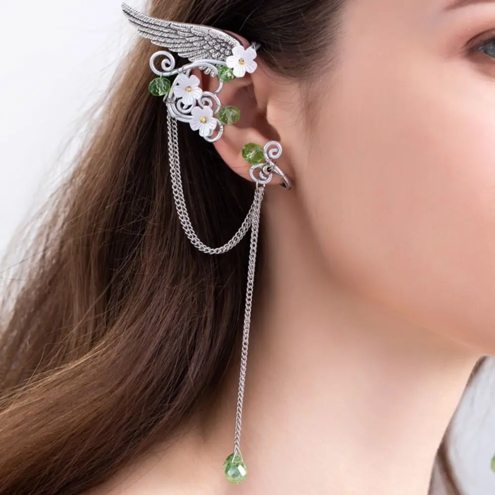 Left Ear Right Ear Alloy Elf Ear Clip Crystal Hollow Out Long Tassel Earrings No Piercing Single Side Earrings Flower Ear Clips
