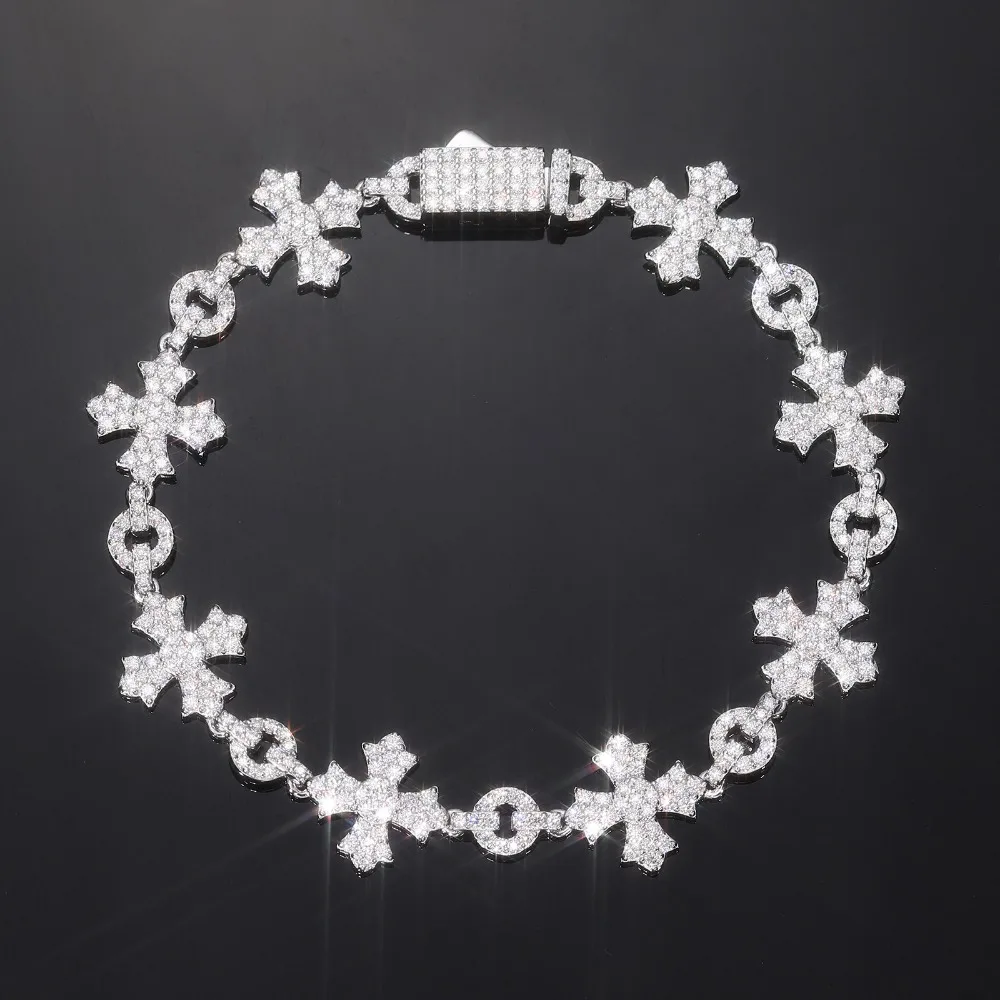 

925 Silver Iced Moissanite Cross Chain Bracelet Hiphop Rock Men Jewelry Mosan Diamond Link Bracelets Bangle Pass Tester with Gra