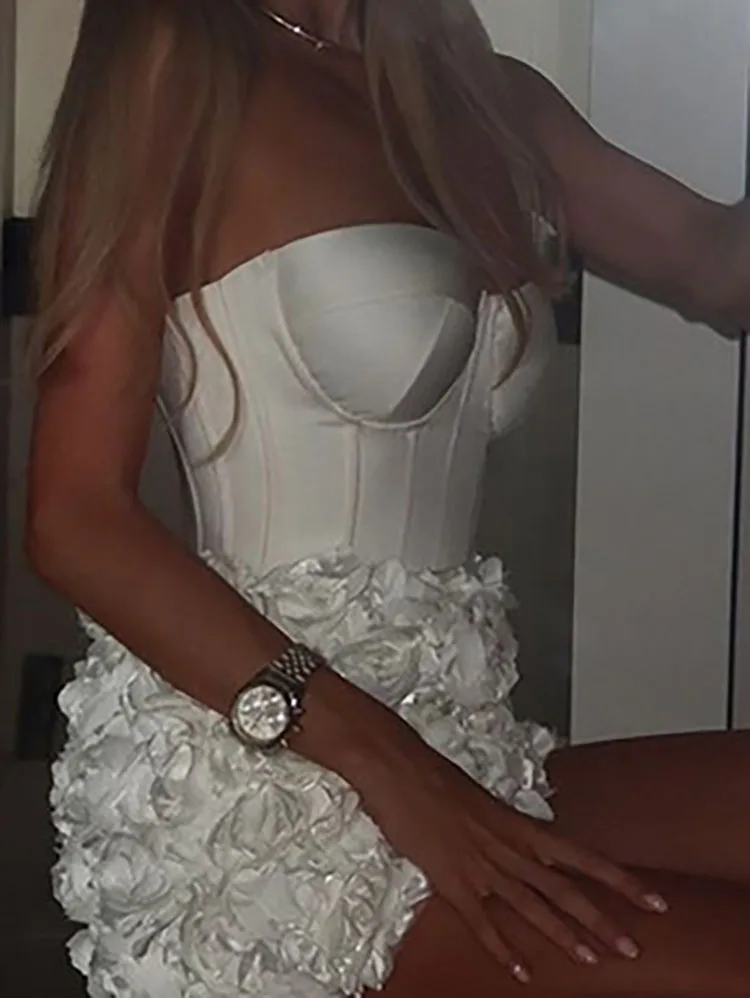 

Fashion Hight Waist Slim Short Dress Elegant Floral Decoration Splicing Mini Dress Sexy Strapless Sleeveless Solid Party Dress