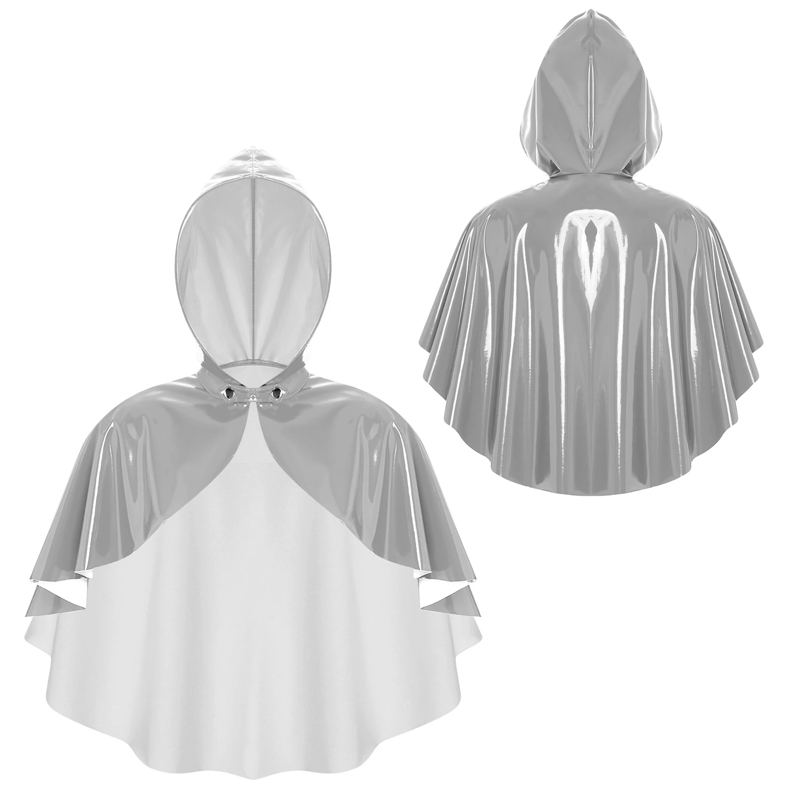 

Womens Wet Look Hooded Cloak Front Pressing Button Cape Bolero Steampunk Gothic Jacket Shrug Cosplay Party Disco Club Costumes