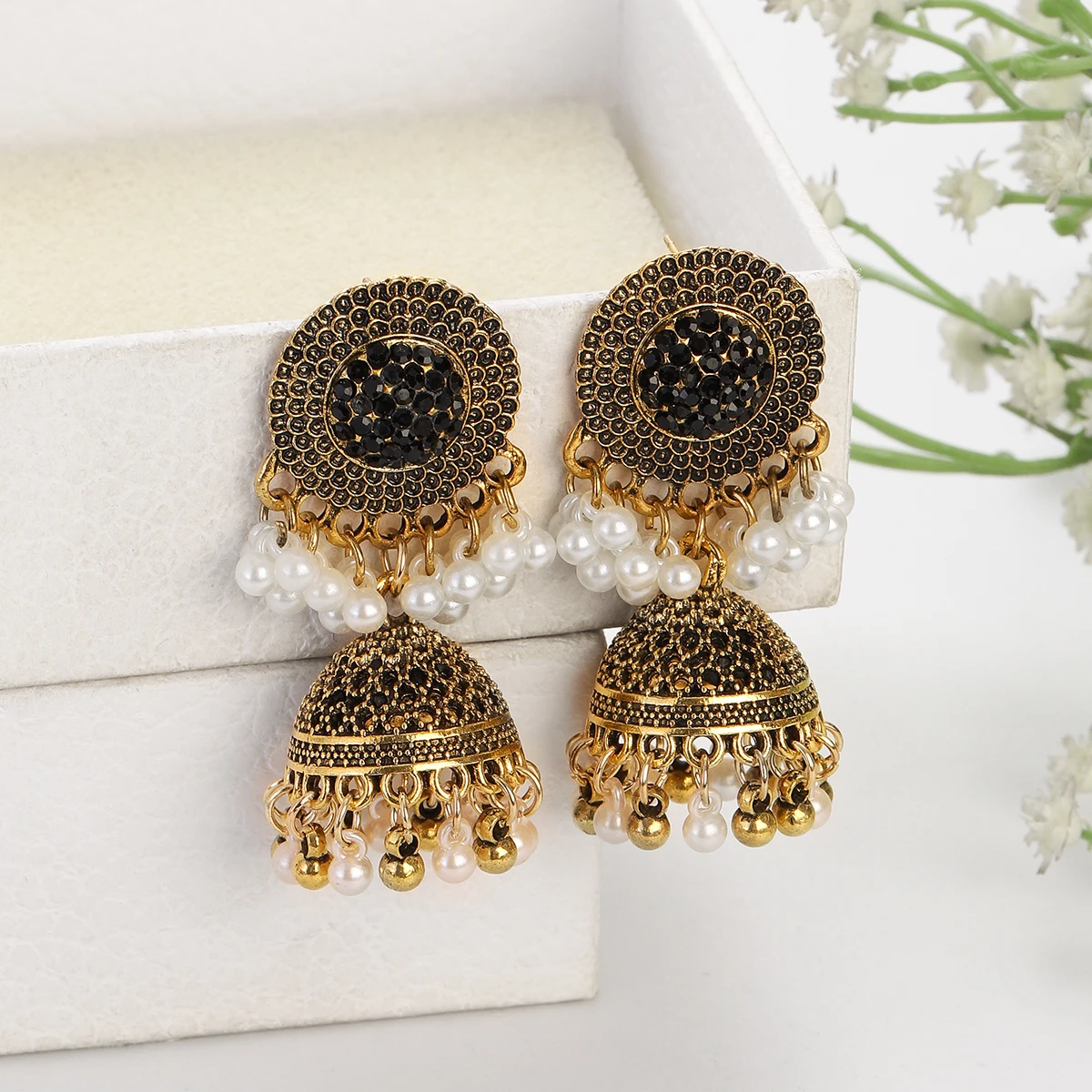 Ethnic Crystal Gold Color Earrings Women\'s Indian Jewelry Fashion Pearl Tassel Round Bell Drop Earrings Wedding Party Gift