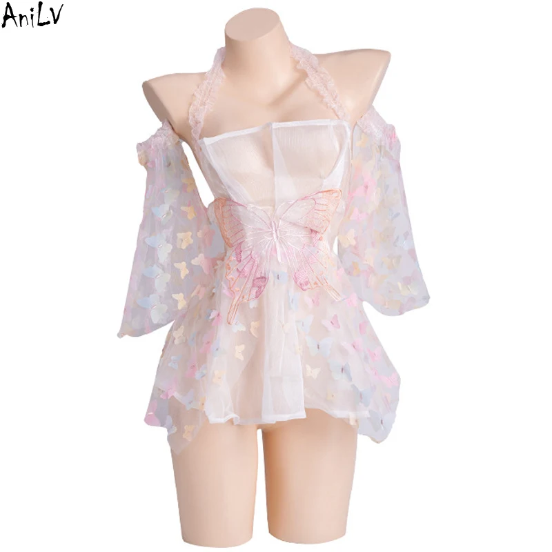 

AniLV Beautiful Gradient Butterfly Dress Girl Dream Princess Temperament Uniform Outfits Women Erotic Nightgown Pajamas Costumes