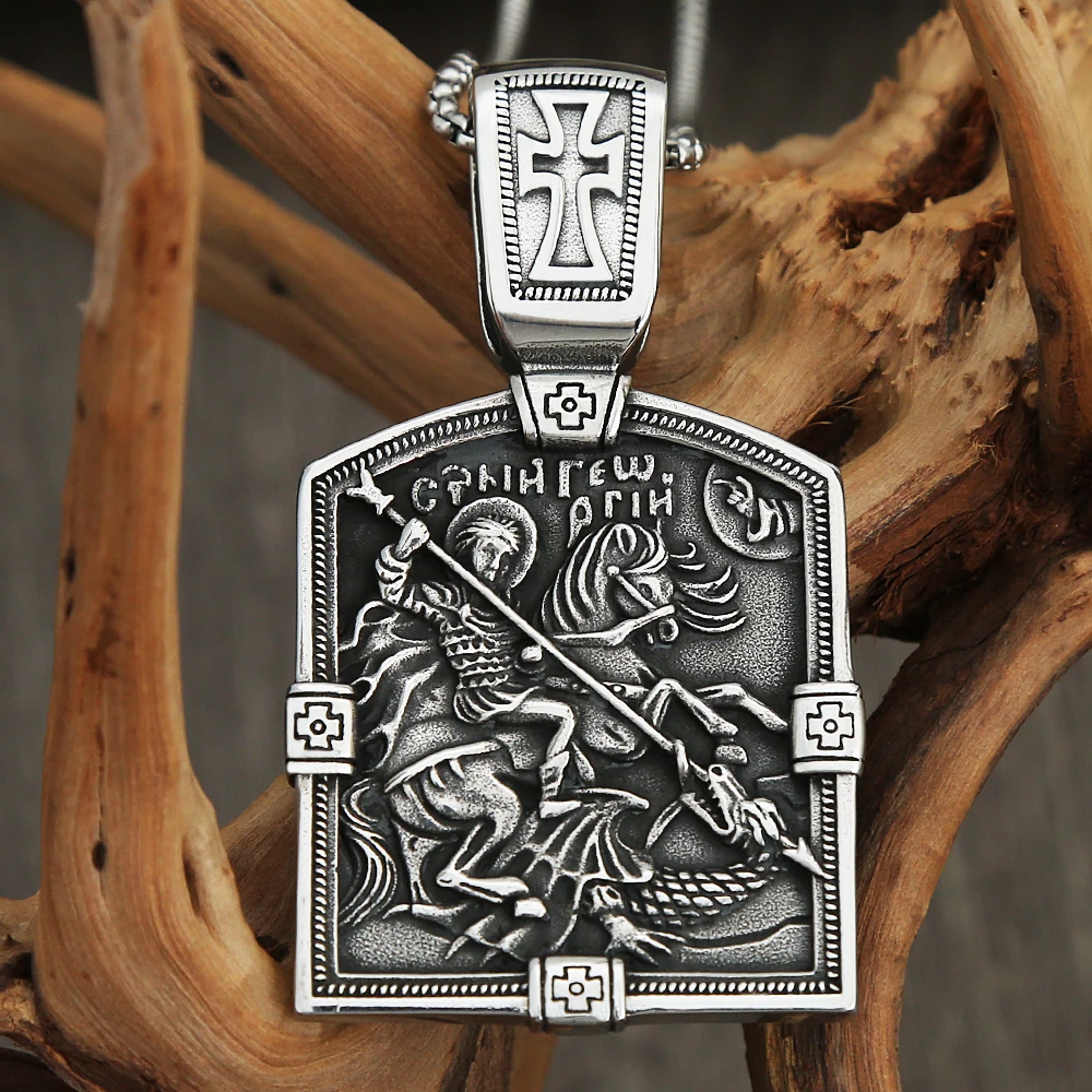 Vintage Large Dragon Slayer St George Pendant For Men Stainless Steel Cross Biker Necklace Talisman Jewelry Gift Dropshipping