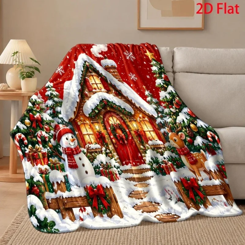 Christmas Snowy Village Cabin Print Throw Blanket, Illuminated Winter Town Scenery Decor Sofa Throw Blanket