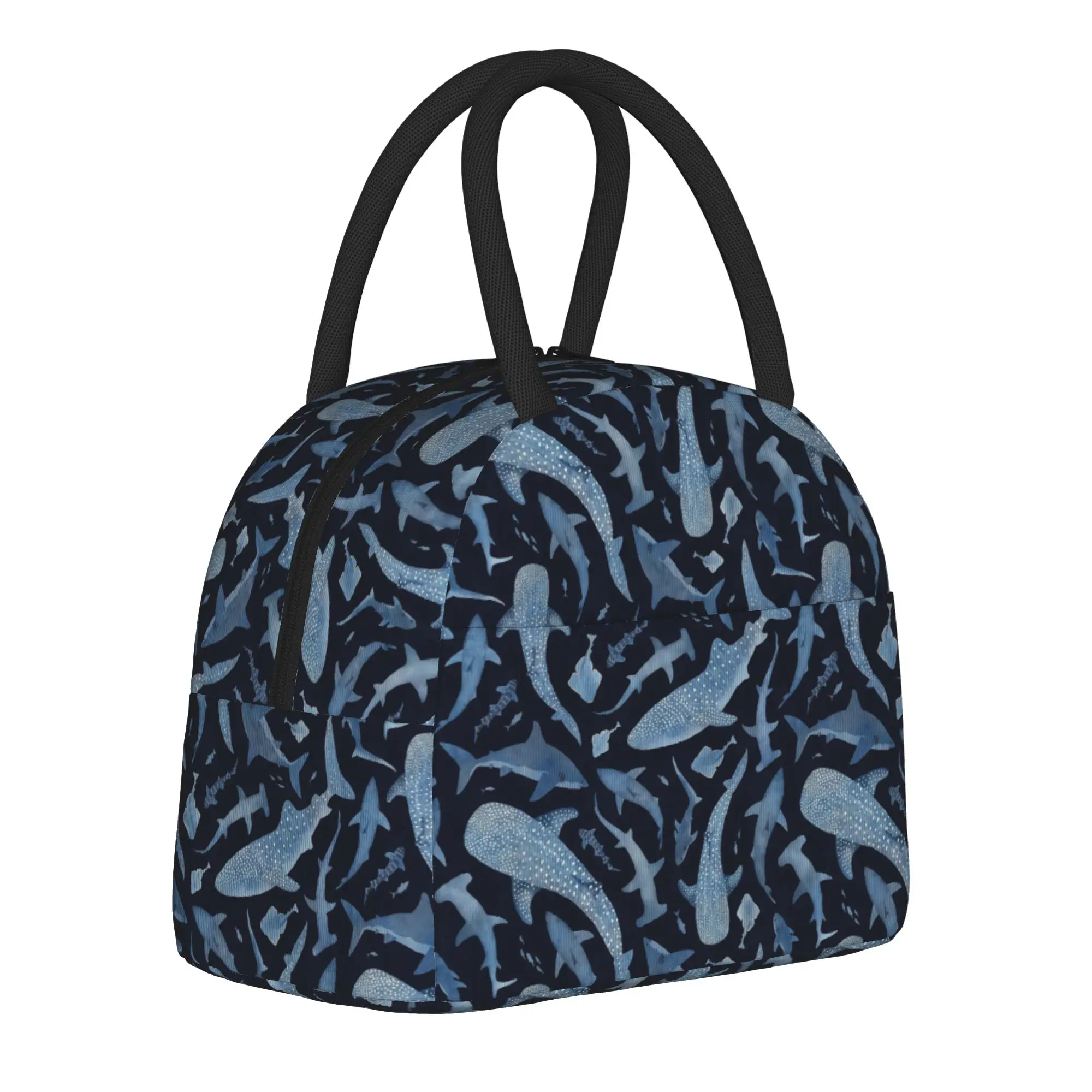 Monochrome Blue Watercolour Shark Ocean Insulated Lunch Bag Large  Meal Container Cooler Bag Tote Lunch Box Food Handbags