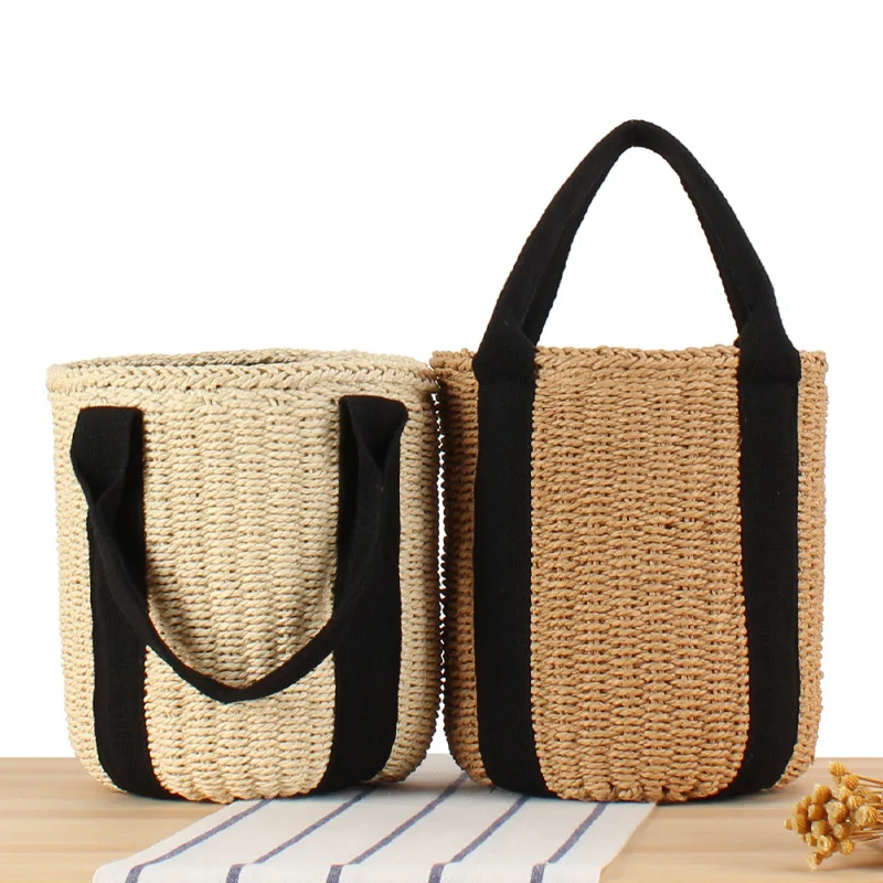 Hand bucket woven bag, hand carrying black webbing, straw bag, summer vacation photo beach bag