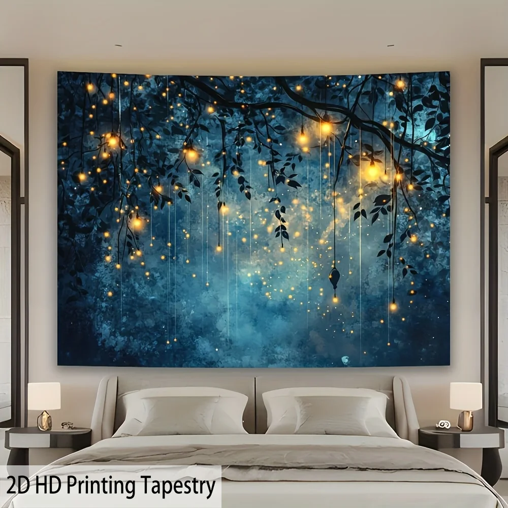 VIKAMA Blue Night Light String Tapestry Twinkle Branches Leaves Wall Hanging Vintage Scenery Backdrop Bedroom Decor