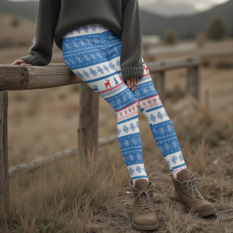 Bunte hässliche weihnachtliche gemütliche Winter-Thermo-Leggings für Frauen, festliche nordische Strumpfhosen mit Rentier-Schneeflocken-Baum-Muster – Detail 4