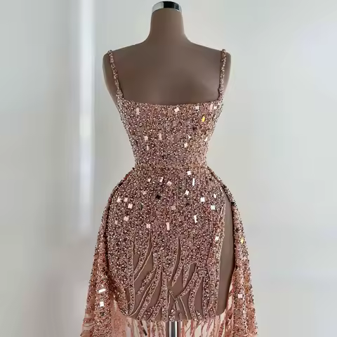 Cute Pink Mermaid Cocktail Party Dress Spaghetti Straps Mini Prom Dress Beaded sequin Occasion Short Evening Dresses Customized