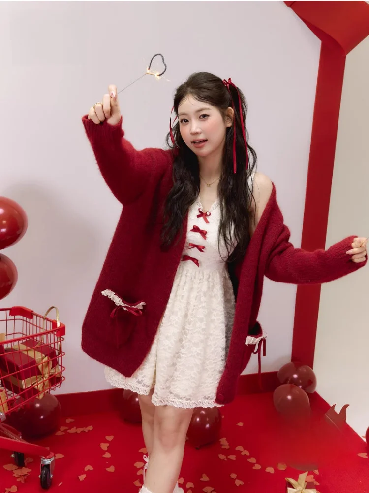 

Красный свитер с эффектом похудения, кардиган и ter Dr, комплект больших размеров, женская мода, удобный корейский комплект трапециевидной формы с высокой талией...