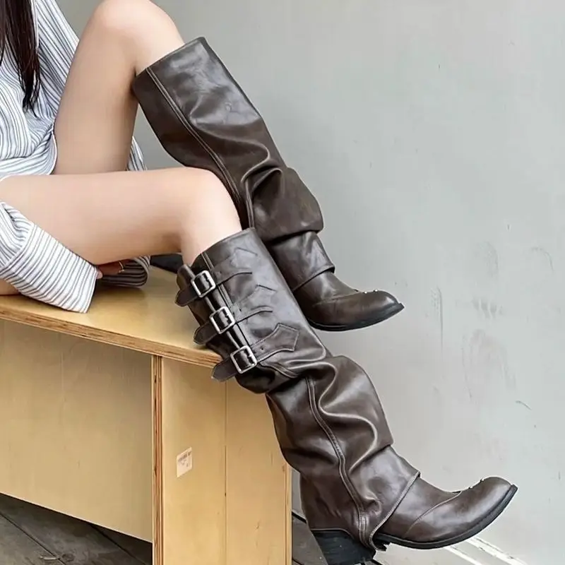 

Women's Fashion Pleated Long Boots Punk Pointed Toe Square Heel Leather Boots Brown Two Wear Belt Buckle Boots Black Women Shoes