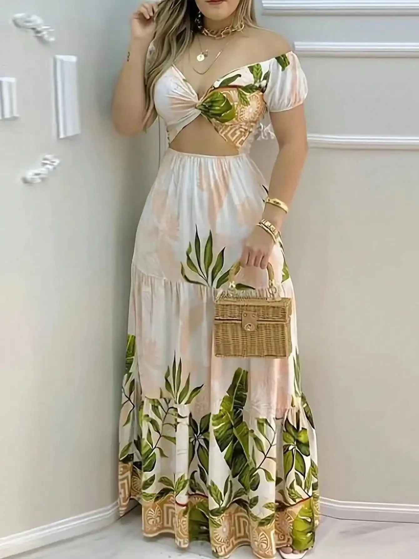 

Women's Off Shoulder Twist Front Tropical Leaf Print Maxi Dress for Summer Vacation