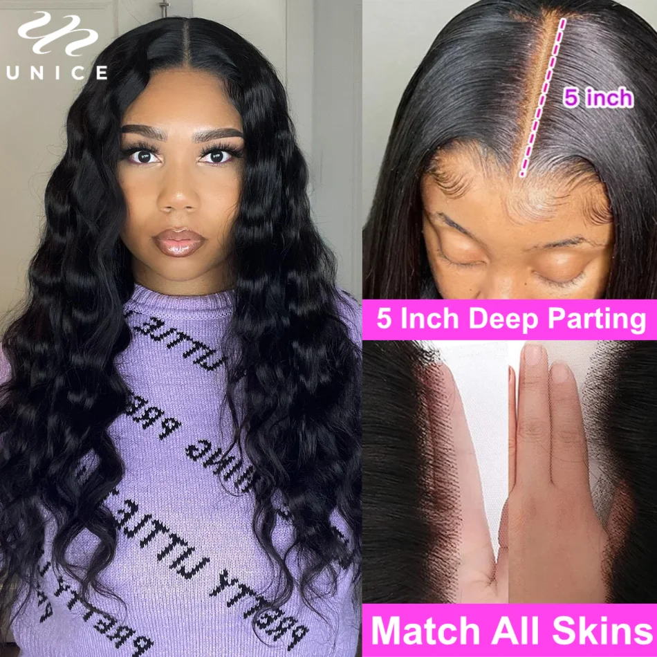 UNice Ultra-Thin 5x5 HD Lace Wigs With Drawstring Body Wave Human Hair Wigs Pre Cut Pre Bleached Glueless Wig 180% Density