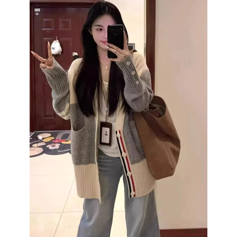 

Idle Sle Color Matching V-neck Knit cardigan Sweater Women Autumn and Winter Loose Slimming Soft Glutinous Thickened Sweate...