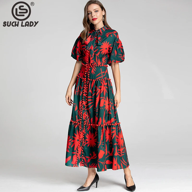 

Women's Runway Dresses Turn Down Collar Short Sleeves Printed High Street Fashion Dress Vestidos