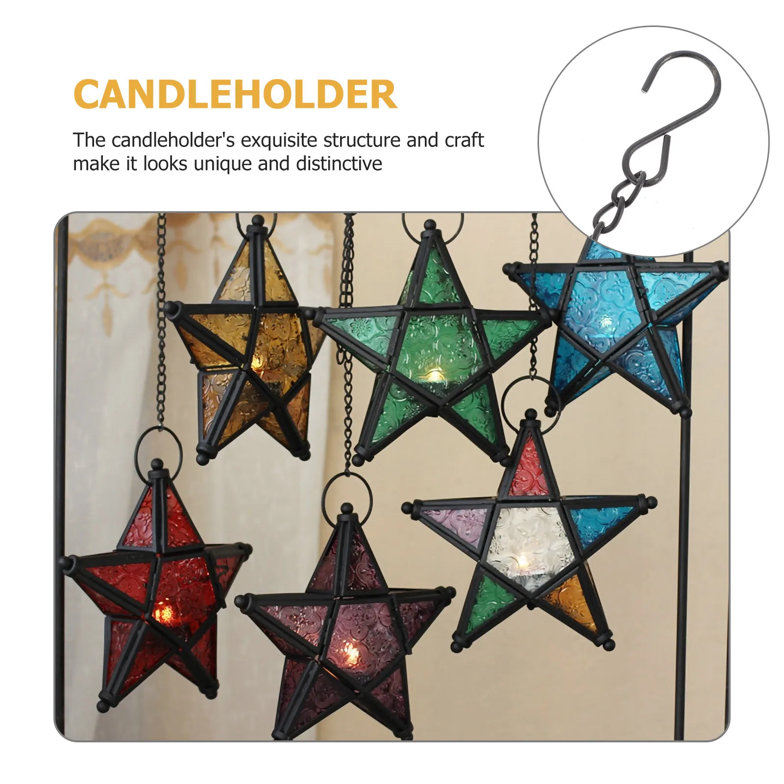 

Colorful Glass Hanging Candleholder Pendant Star Shaped Iron Craft Candleholder Pendant Home Wall Decoration Wedding Banquet