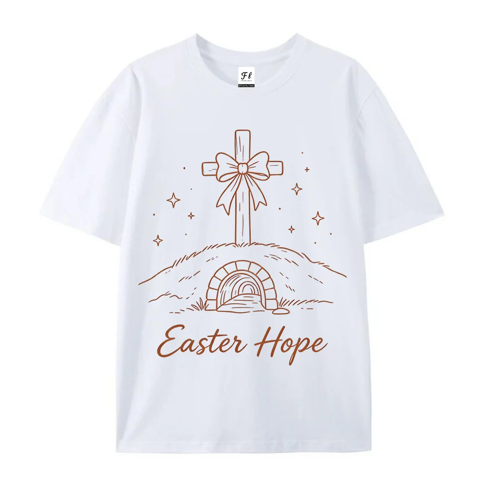 Women T Shirt Easter Hope Christian Cross Bow Print Short Sleeve White Graphic Tee Summer Casual Loose Oversized Tops Fashion