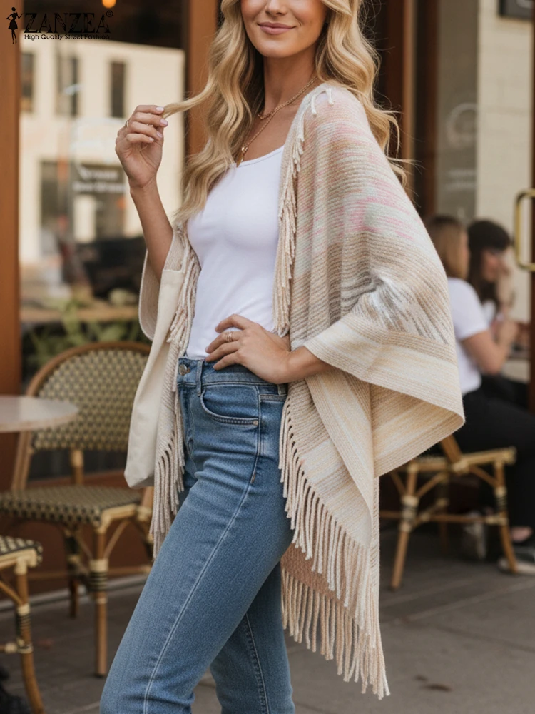 2025 ZANZEA 오픈 프론트 태슬 스웨터 여성 가을 스웨터 카디건 스타일리시 긴 소매 겨울 기모노 코트 니트 아우터웨어