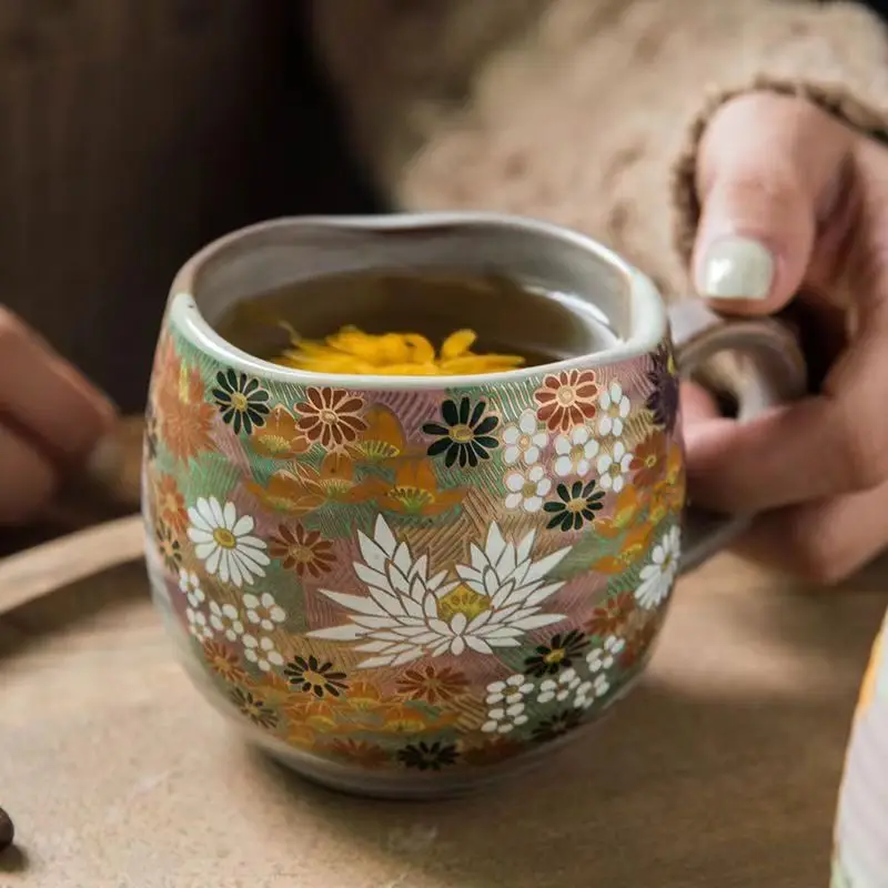 

Японская кофейная чашка Kutani Ware, керамические кружки, чайный сервиз с котом и цветочным узором, мультяшный дизайн, подарок на день рождения