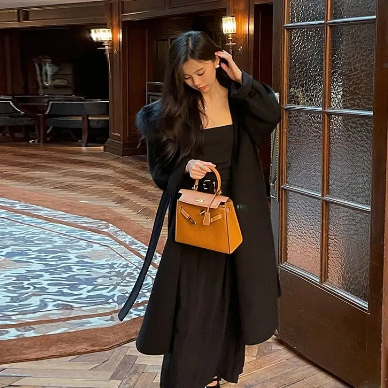 

2025 Autumn and Winter Mid Length Double-Sided Woolen Coat Women's High-Quality Large Fur Collar Temperament Woolen Coat