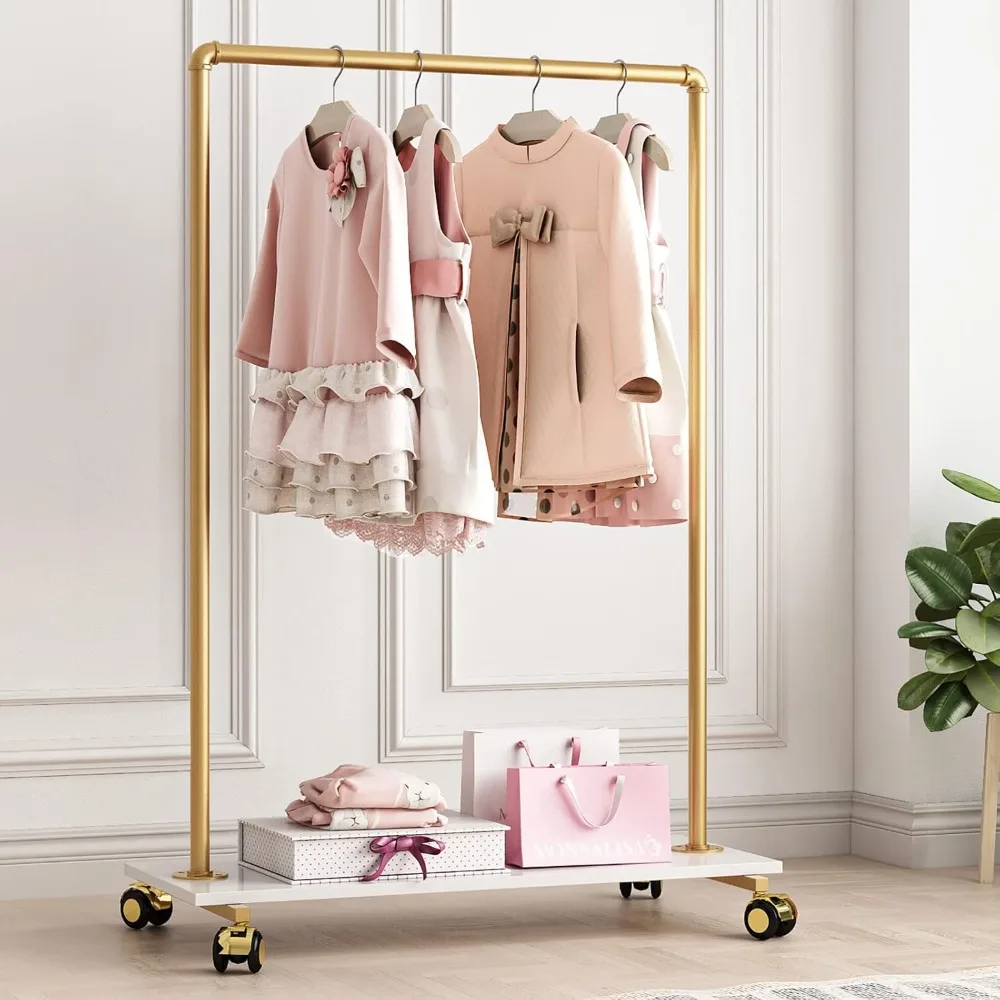 

Gold Metal Clothing Rack with Wood Shelf, Heavy Duty Rolling Garment Rack with Wheels for Bedroom Retail Boutique Use (37.4L inc