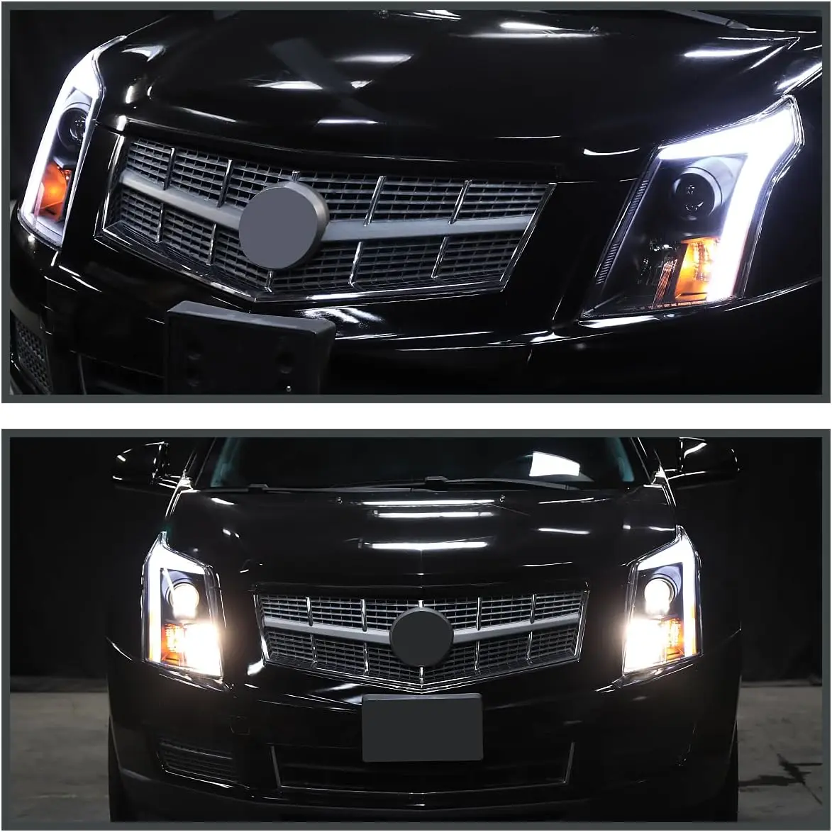 Sequential Projector Headlights with Switchback Function, Black Housing, LED DRL Light Bar, and Startup Animation - Compatible w