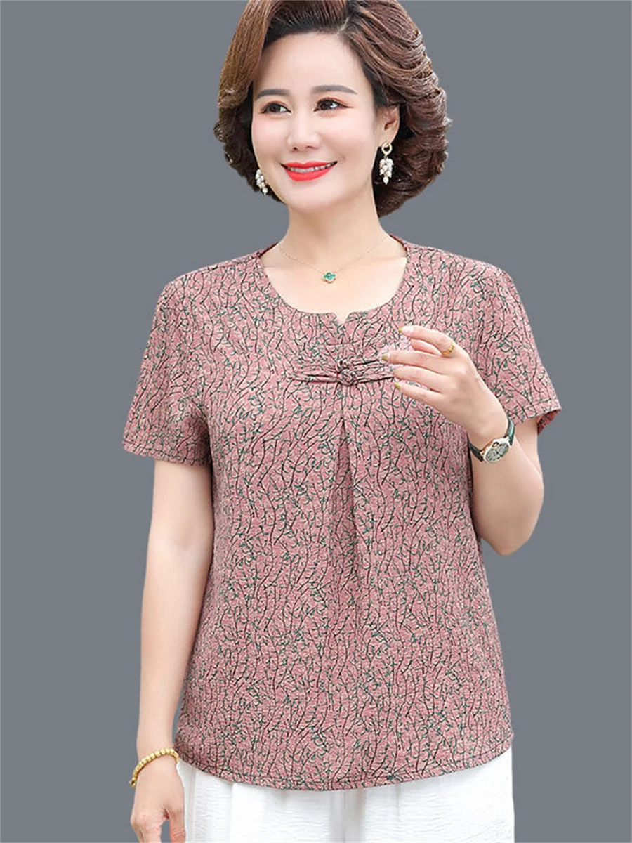 5XL Women Spring Summer Blouses Shirts Lady Fashion Casual Short Sleeve O-Neck Flower Printing Blusas Tops TT2120