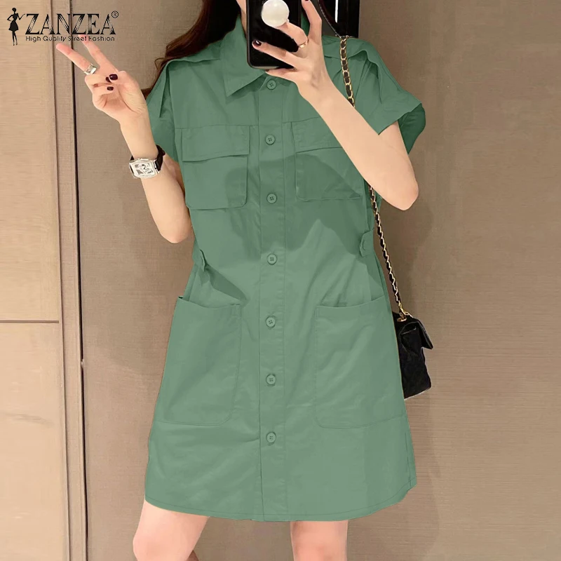 ZANZEA Damen Sommer Einfarbiges OL Arbeitskleid 2026 Modisch Elegant mit Reverskragen Kurzarm Cargo-Sommerkleid Lässig mit Knöpfen Vestidos