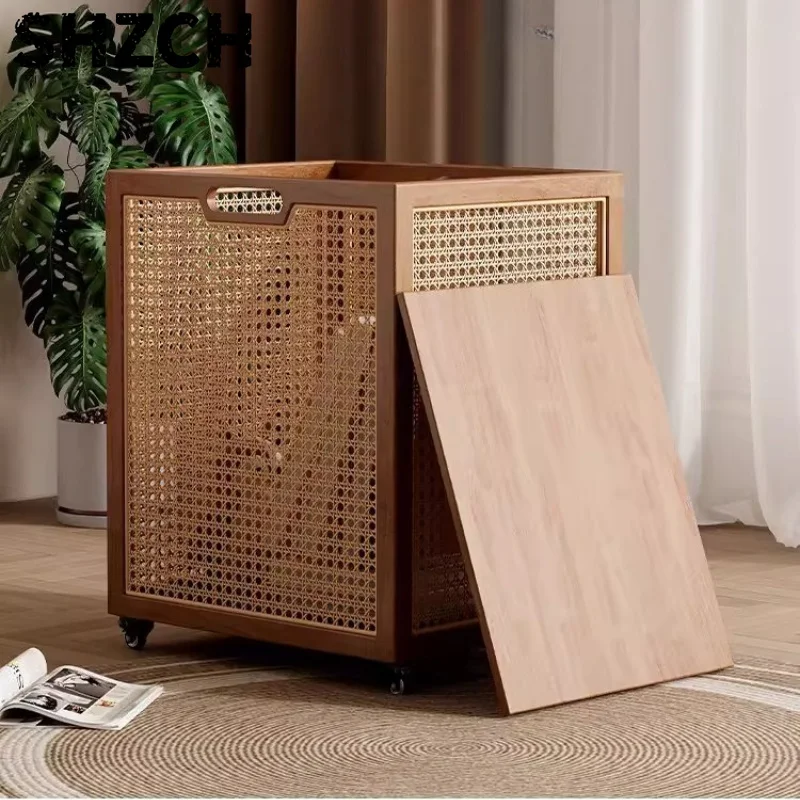 ‌INS Style Laundry Basket, Rattan Storage Bin with Wooden Frame, Waterproof Bathroom Hamper, Large Capacity Toy Organizer
