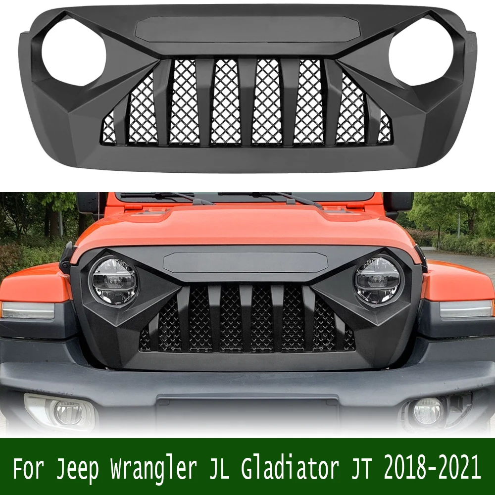 

For Jeep Wrangler JL Gladiator JT 2018-2021 offroad Car ABS Grille Cover Demon Style Front Hood Bumper Mesh Grille Upper Grill