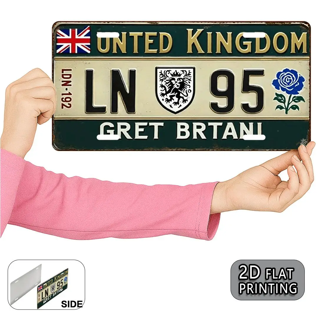 لافتة معدنية للوحة الترخيص البريطانية - ديكور حائط من الألومنيوم مع مقبس الاتحاد وتصميم الأزهار، ديكور ريفي للمنزل والمكتب، Perfec