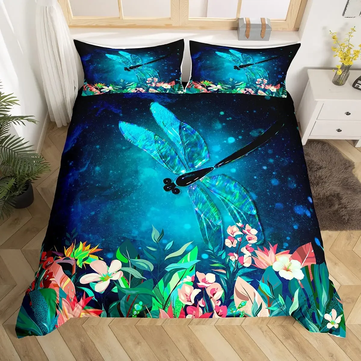 Colorful Dragonfly Wing Duvet Cover Queen Size Bedding Set for Kids Teens Adult,  Comforter Quilt Cover Decoration 3 Pcs Bed Set
