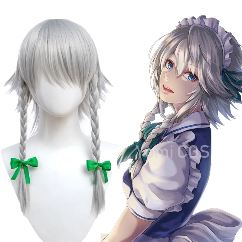 Izayoi Sakuya Cosplay Silver Upturned Hair Braid Wig Anime TouHou Project Halloween Carnival Cos Props Free Hair Accessories