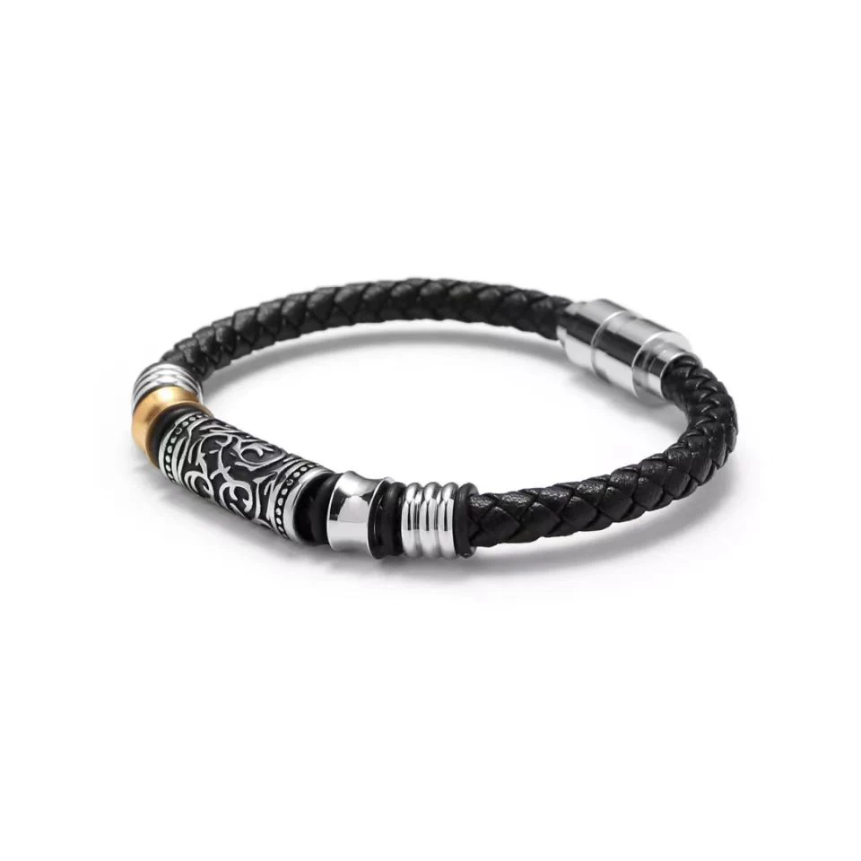 Vintage super fiber leather rope woven carved metal magnetic suction single and double layer cowhide rope titaniumsteel bracelet