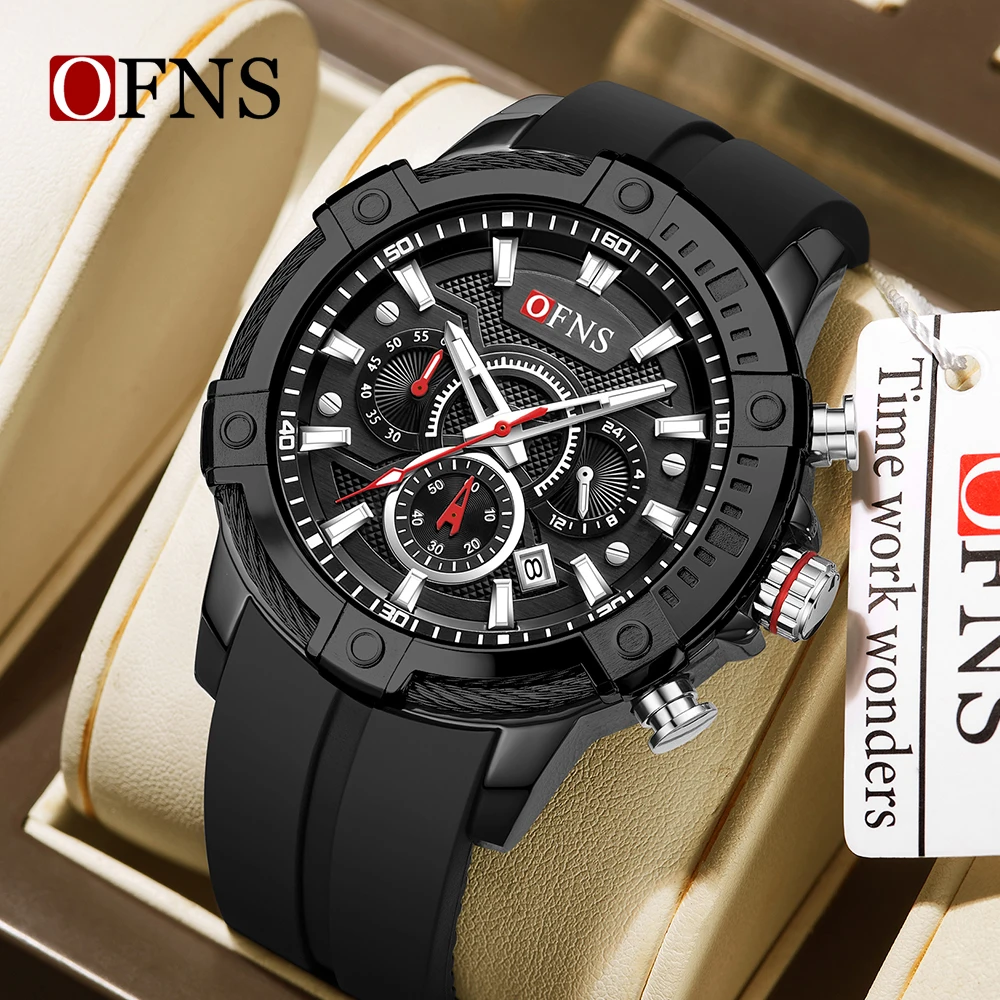 

OFNS, новинка 8037, модные мужские кварцевые часы, три глаза, шесть контактов, календарь, водонепроницаемый ночник, мужские кварцевые часы