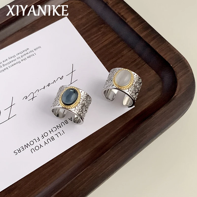 

XIYANIKE Men Women Korean Vintage Embossed Totem White Chalcedony Cuff Finger Rings Fashion New Jewelry Gift Party anillos mujer